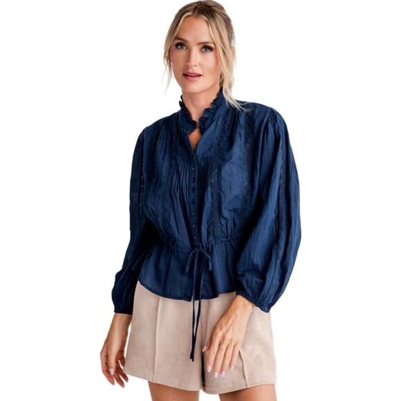 NWT Free People Women's size XS Best of Me Navy Blue Eyelet Blouse Boho Cotton - Picture 1 of 11